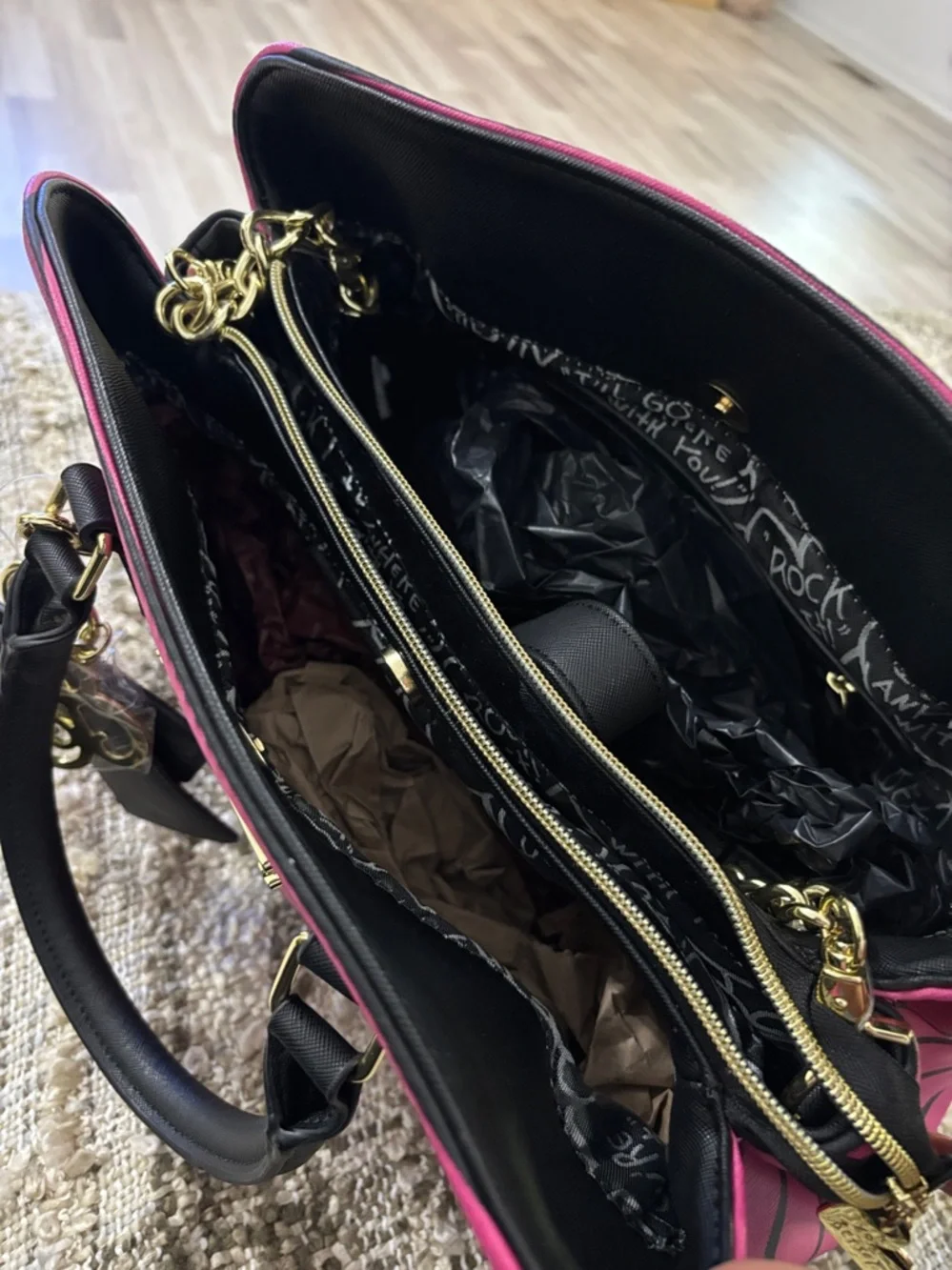 Betsey Johnson Pink and Black Striped‎ Satchel with Bow Charm Shoulder Bag NWOT